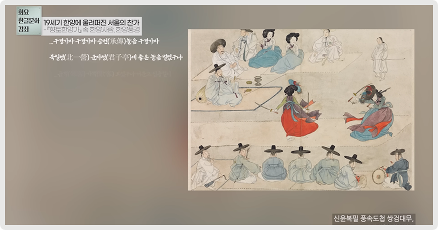 2023년 국립한글박물관 <화요 한글문화 강좌> 제8회차 강연, 호서대학교 노혜경 교수의 ‘19세기 한양에 울려 퍼진 서울의 찬가’ 영상 장면이다. 신윤복필 풍속도첩 쌍검대무 그림이 그려져 있다. 옛 복장을 한 남녀들 가운데 여성 2명이 빨간 옷을 입고 검무를 펼치고 있다.