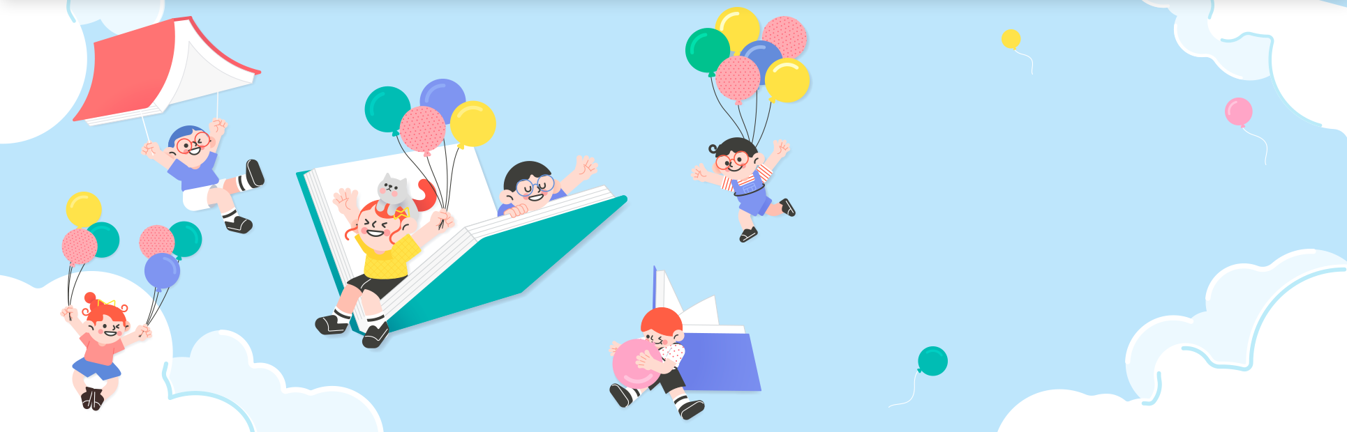 흰 구름이 사방으로 있는 하늘 위에 어린이들 그림이 그려져 있다. 가운데엔 책 안에 풍선을 들고 있는 어린이와 팔을 뻗고 있는 어린이가 있으며, 왼쪽엔 책에 매달려 있는 어린이와 풍선을 양손에 잡고 매달려 있는 어린이가 있다. 오른쪽엔 책을 날개 삼아 떠 있는 어린이와 풍선을 등에 매고 양팔을 벌린 어린이가 있다. 