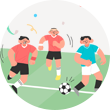 축구 경기장에서 경기하고 있는 사람들의 그림이 그려져 있다. 하늘색 유니폼을 입은 남자가 축구공을 몰고 있으며, 중앙에 있는 여자 선수와 왼쪽에 있는 남자 선수가 그를 쫓고 있다.