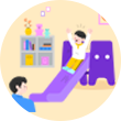 상아색 배경에 보라색 미끄럼틀이 놓여있고, 활짝 웃고 있는 여자 어린이가 양팔을 들어 올리며 미끄럼틀을 타고 있는 그림이다. 앞에선 한 남성이 그녀를 웃으며 바라보고 있다. 미끄럼틀 뒤에는 회색 책장과 노란색 꽃병, 보라색 곰 인형, 초록색 개구리 인형 등이 그려져 있다.