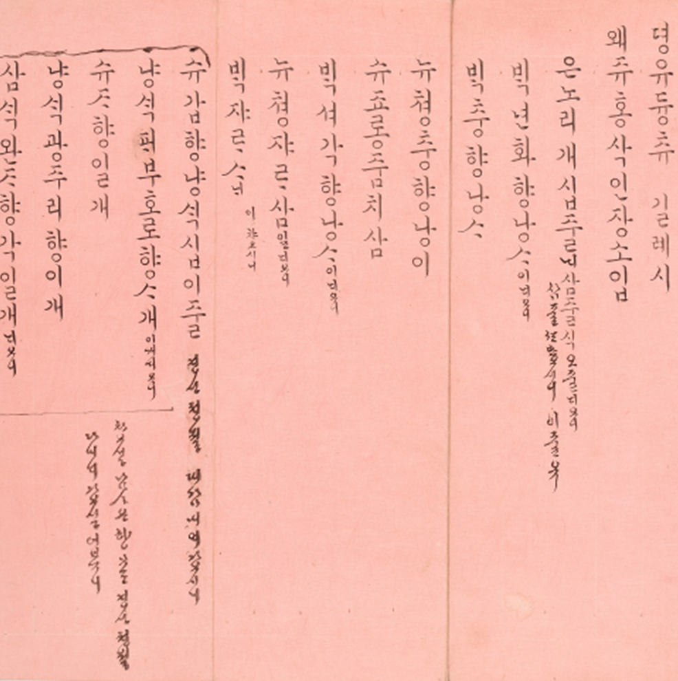 소장품 이야기 기사 사진. 분홍색 종이에 ‘대한 헌종성황뎨 뎡유 칠월 순조숙황뎨 제삼녀 덕온공주 길례시 혼수 발긔(대한 헌종성황제 정유 7월 순조숙황제 제 삼녀 덕온공주 혼례를 올릴 때 혼수 발기)’가 적혀있다. 순원왕후가 덕온공주에게 준 혼수 목록의 내용이 담겨있다.