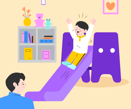 슬기로운 한글생활 기사 그림. 상아색 배경에 보라색 미끄럼틀이 놓여있고, 활짝 웃고 있는 여자 어린이가 양팔을 들어 올리며 미끄럼틀을 타고 있는 그림이다. 앞에선 한 남성이 그녀를 웃으며 바라보고 있다. 미끄럼틀 뒤에는 회색 책장과 노란색 꽃병, 보라색 곰인형, 초록색 개구리 인형, 하트 액자 등이 그려져 있다.