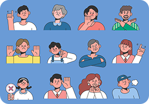 파란색 배경 위에 남녀노소 사람들이 3줄로 줄지어 그려져 있다. 각각 사람들은 고개를 젓거나, 팔을 양쪽으로 교차하거나, 손가락을 흔들거나, 한숨을 쉬거나, X가 적힌 표시를 들며 반대 혹은 금지하는 듯한 표정, 표현을 하고 있다.