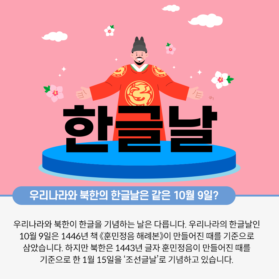 분홍색 배경의 가운데에 세종대왕이 양팔을 벌리고 서 있는 그림이다. 그 위로 하얀색 구름이 떠 있고 분홍색과 하얀색의 꽃들이 주위에 둘려 있다. 세종대왕의 앞에는 검은색 글자로 한글날이라고 적혀있다. 한글날이라는 글자 밑에는 파란색 동그라미가 그려져 있다. 하단에는 우리나라와 북한의 한글날은 같은 10월 9일? 우리나라와 북한이 한글을 기념하는 날은 다릅니다. 우리나라의 한글날인 10월 9일은 1446년 책 <훈민정음 해례본>이 만들어진 때를 기준으로 삼았습니다. 하지만 북한은 1443년 글자 훈민정음이 만들어진 때를 기준으로 한 1월 15일을 ‘조선글날’로 기념하고 있습니다. 라는 글자가 적혀있다.