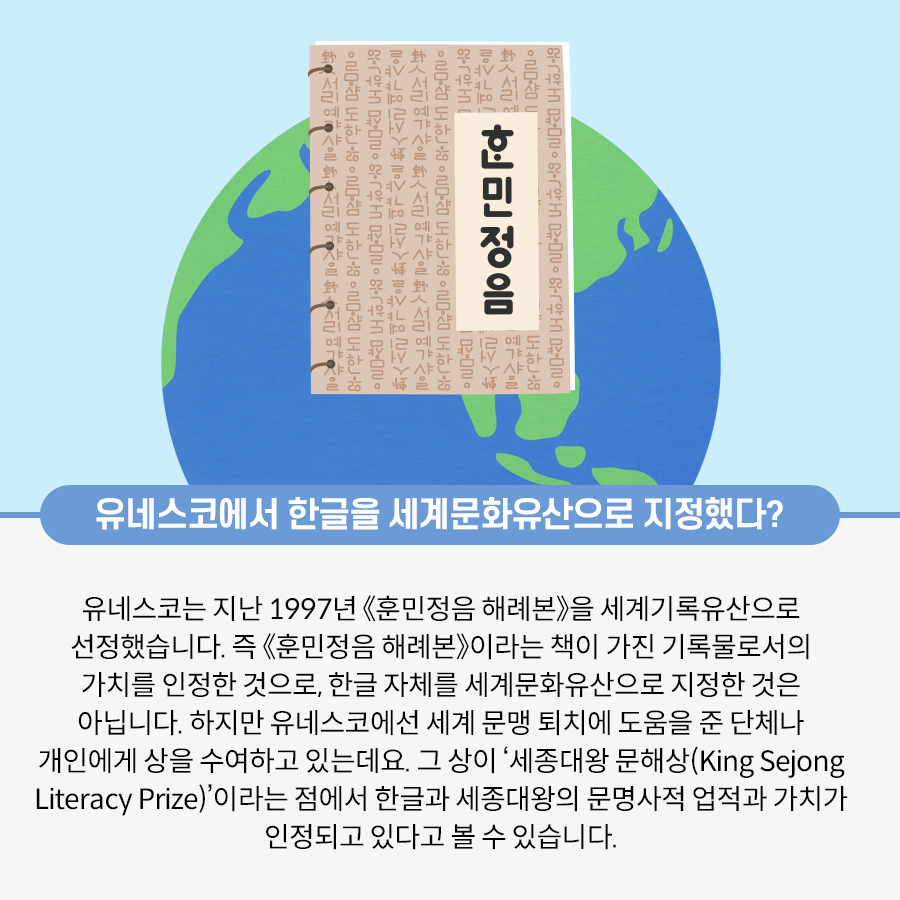 하늘색 배경의 가운데에 지구 그림이 그려져 있다. 그 앞에 연한 갈색 표지의 옛날 책이 있다. 표지에는 훈민정음이라고 적혀있다. 하단에는 유네스코에서 한글을 세계문화유산으로 지정했다? 유네스코는 지난 1977년 <훈민정음 해례본>을 세계기록유산으로 선정했습니다. 즉 <훈민정음 해례본>이라는 책이 가진 기록물로서의 가치를 인정한 것으로, 한글 자체를 세계문화유산으로 지정한 것은 아닙니다. 하지만 유네스코에선 세계 문맹 퇴치에 도움을 준 단체나 개인에게 상을 수여하고 있는데요. 그 상이 ‘세종대왕 문해상(King Sejong Literacy prize)’이라는 점에서 한글과 세종대왕의 문명사적 업적과 가치가 인정되고 있다고 볼 수 있습니다. 라고 적혀있다.