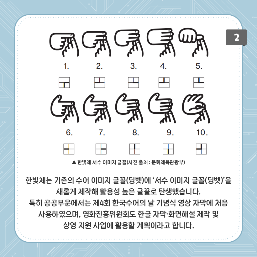 하늘색 배경에 네모난 상자 그림이 있다. 그 안에 10까지의 숫자를 나타내는 수어가 그려져 있다. 하단에는 한빛체는 기존의 수어 이미지 글꼴(딩벳)에 서수 이미지 글꼴(딩벳)을 새롭게 제작해 활용성 높은 글꼴로 탄생했습니다. 특히 공공부문 부문에서는 제 4회 한국수어의 날 기념식 영상 자막에 처음 사용하였으며, 영화 진흥위원회도 한글 자막, 화면해설 제작 및 상영 지원 사업에 활용할 계획이라고 합니다. 라고 적혀있다.