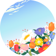 하얀 구름이 그려진 파란 하늘 아래로 알록달록한 색색의 봄꽃이 그려져 있다.