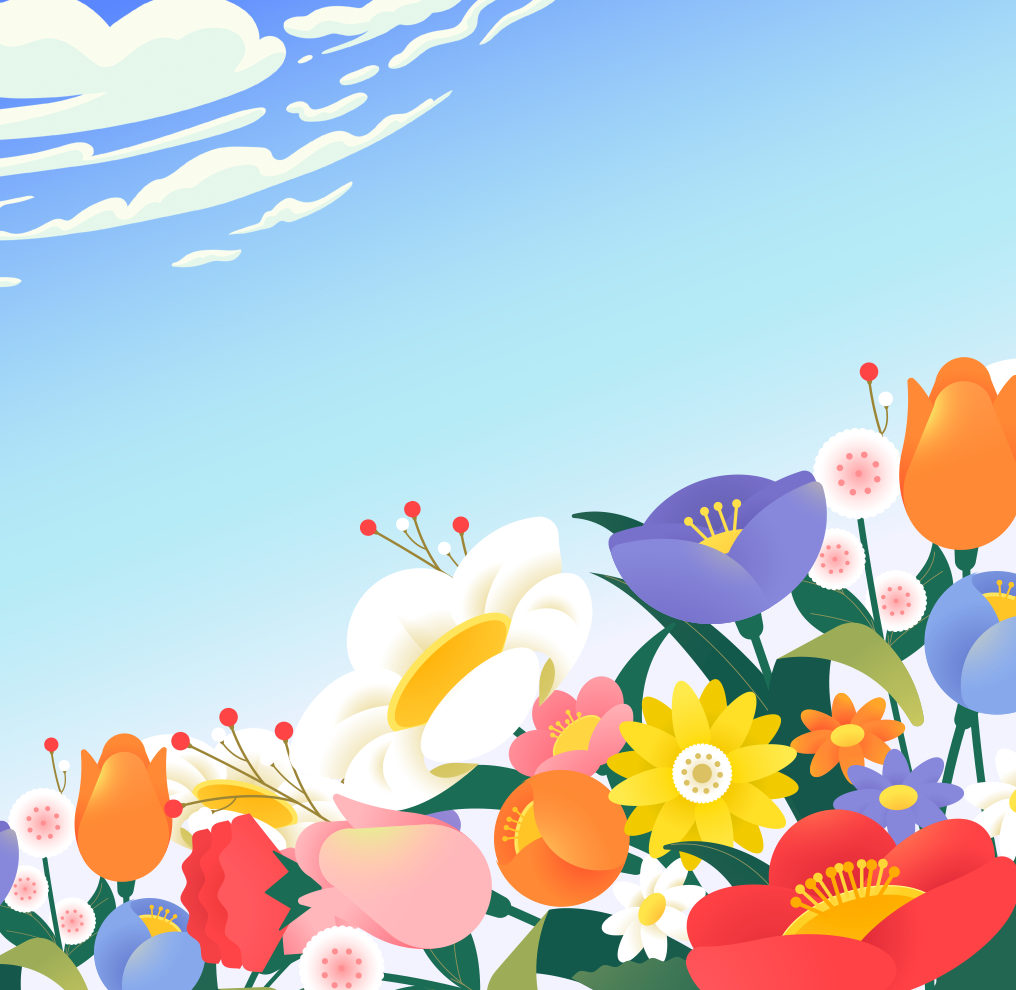 한글 이모저모 기사 사진. 하얀 구름이 그려진 파란 하늘 아래로 알록달록한 색색의 봄꽃이 그려져 있다. 가장 크게 그려진 건 노란 꽃받침과 하얀 꽃잎으로 이루어진 꽃 그림이다. 그 옆으로는 보라색 꽃잎을 가진 꽃이 그려져 있다. 그 아래로는 빨간색 꽃잎을 가진 꽃이 있다. 
