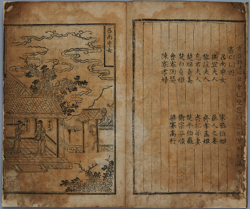 황토색 종이에 왼쪽 페이지에는 그림 오른쪽 페이지에는 한자가 들어가 있다.