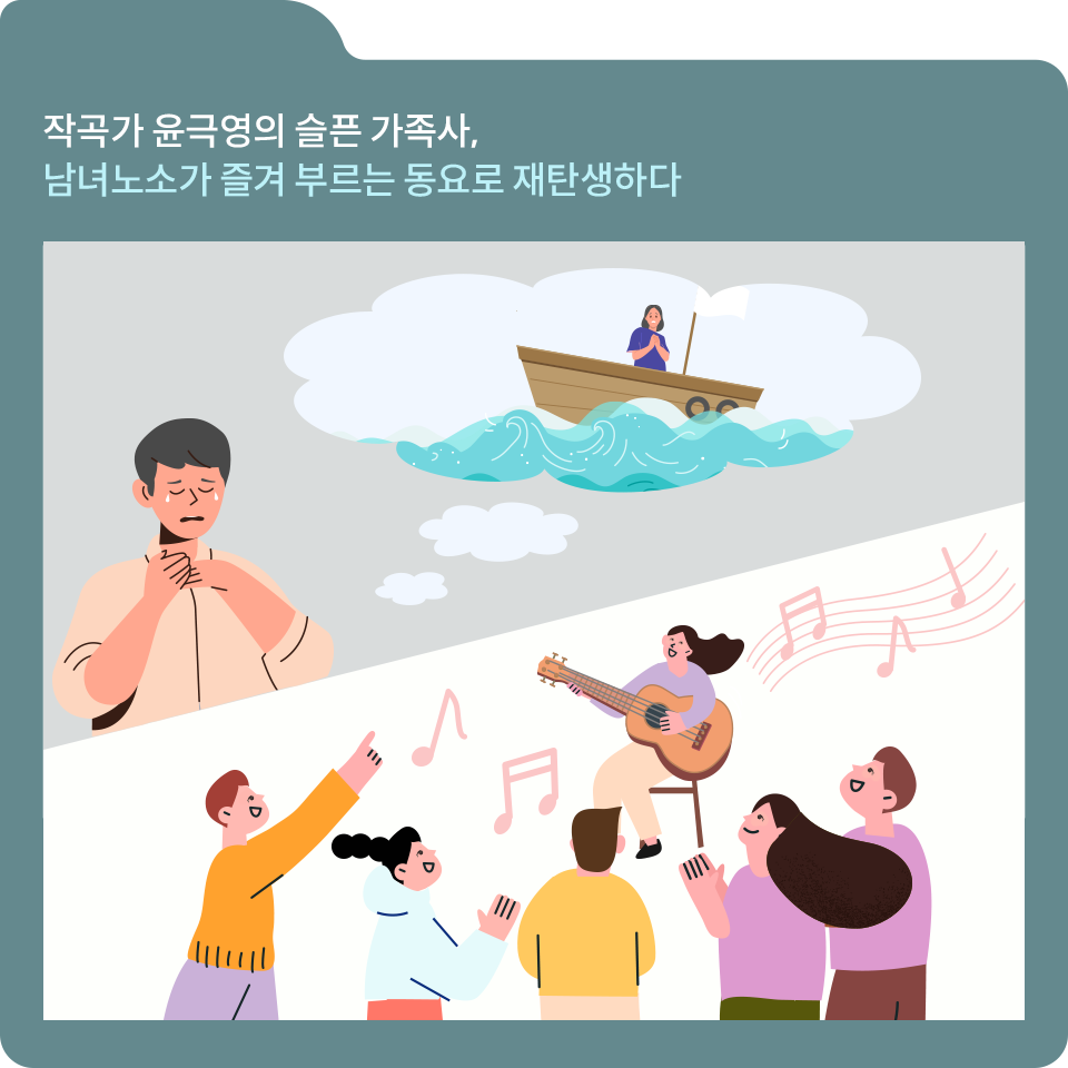 청녹색 폴더 그림 안에 상단에는 작은 배를 탄 파랑색 옷을 입은 손모은 여자가 있고 그 밑에 남자가 눈에서 눈물을 그리고 있다. 그 밑에는 여자가 키타를 치고 위고 5명의 사람이 박수를 치고 있다. 