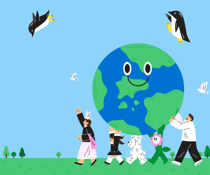 하늘색 배경에 세 명의 사람과 곰 한 마리, 꽃 하나가 지구를 들고 이동하고 있다. 하늘에서는 펭귄 두 마리가 날고 있다.