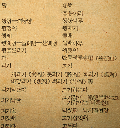 누런색 종이에 ‘제주도방언집’의 내용이 있다. 제주도의 특이한 어휘를 설명하고 있다.