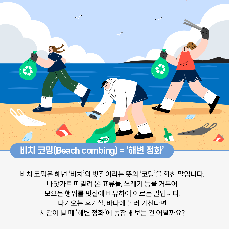 세 사람이 해안가에 있다. 가운데 있는 사람은 봉투에 쓰레기를 담고 있고, 나머지 두 사람은 봉투를 든 채 달리고 있다.