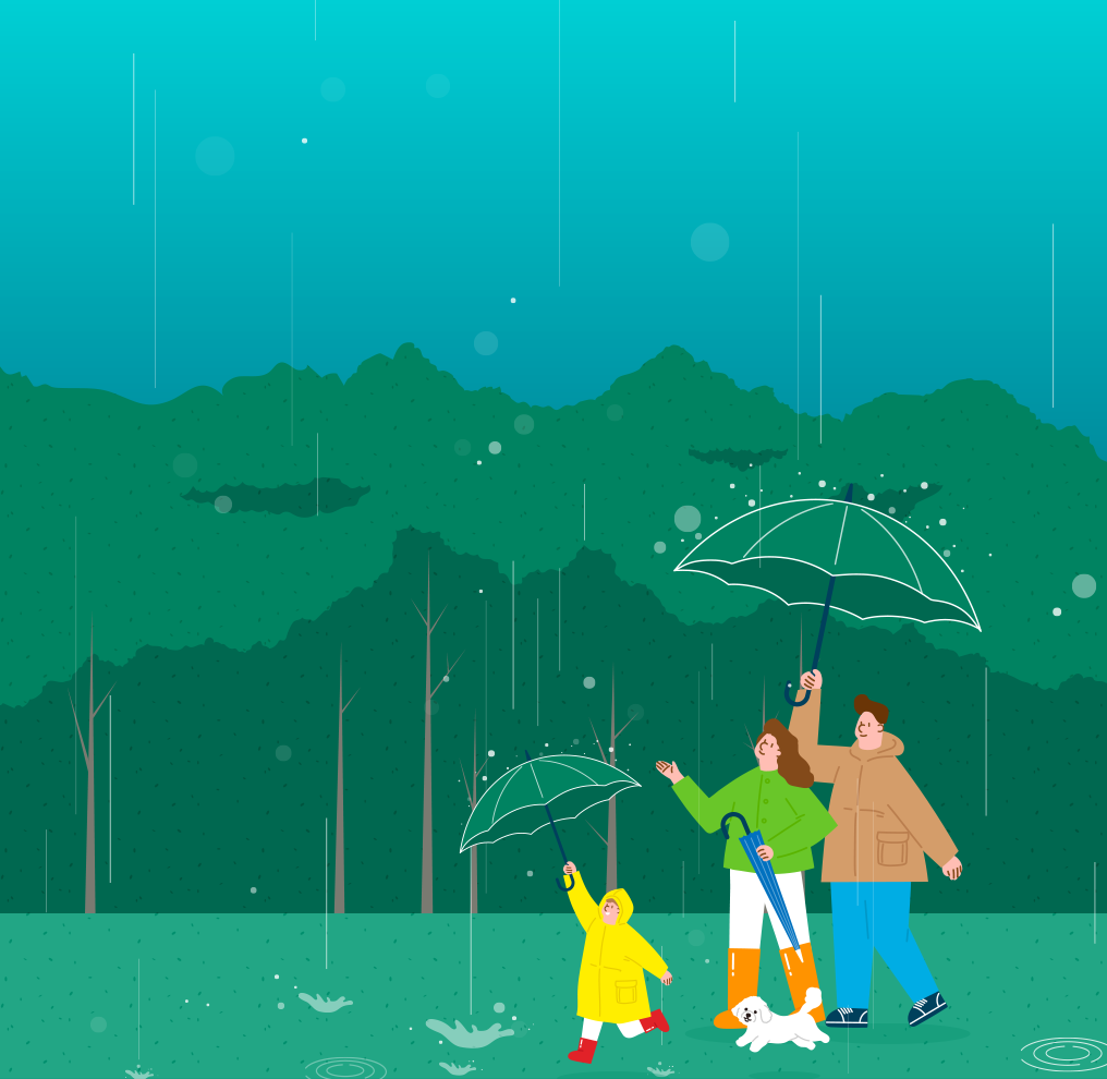 한글 이모저모 기사 사진. 가운데 숲이 우거져 있고, 그 앞에 아이 한 명과 엄마‧아빠‧흰색 개 한 마리가 있다. 아이는 노란색 우의를 입은 채 우산을 들고 있으며, 아빠가 들고 있는 우산 아래 엄마와 아빠‧개가 있다. 비가 내리고 있고, 빗방울이 떨어진 바닥에서는 물방울이 튀고 있다.
