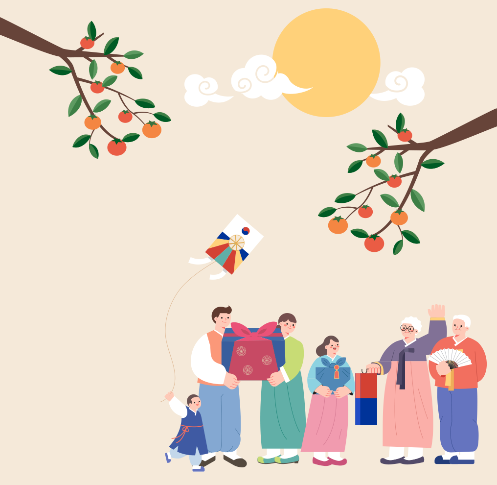 슬기로운 한글 생활 사진. 사진 중앙에는 한복을 입고 추석 명절을 즐기고 있는 6명의 가족이 있다. 맨 왼쪽에는 어린 남자아이가 전통 연을 날리고 있다. 그 옆에 서 있는 부모는 빨간색과 파란색으로 포장된 큰 선물 상자를 들고 있다. 가운데 여성은 파란색 선물 상자를 들고 웃고 있다. 그 옆에는 안경을 쓴 흰머리의 할머니가 한 손은 호롱불을 들고 있고 다른 한 손은 번쩍 들어 인사를 건네고 있다. 할머니 옆에는 부채를 들고 있는 할아버지가 있다. 사진의 배경은 연한 베이지색이다. 사진 상단에 둥근 보름달이 떴고 그 주변에 흰색 구름이 3개가 떠 있다. 그 아래쪽에는 양쪽으로 감이 주렁주렁 매달려 있는 나뭇가지가 있다.