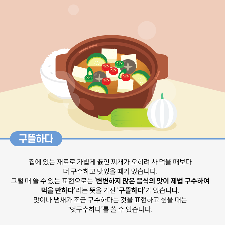 사진 중앙에 뚝배기에 담긴 애호박, 두부, 버섯, 고추가 들어있는 된장찌개가 있다. 뚝배기 오른쪽에는 애호박과 양파가 놓여있고, 뚝배기 뒤쪽으로는 밥 한 공기가 있다.