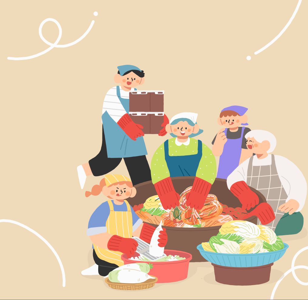 한글 이모저모 사진. 베이지색 배경이다. 머리 두건을 쓰고 앞치마를 입은 다섯 명의 사람이 둘러앉아 김장하고 있다. 가운데에 있는 연두색 옷을 입고 있는 여성은 김치용 대야 안에서 김치를 버무리고 있다. 그의 왼쪽에는 흰머리의 나이 든 여성과 검은색 원피스를 입은 여자아이가 웃고 있다. 사진의 오른쪽에는 파란색 앞치마를 입은 남성이 김장용 통을 들고 있다. 그의 앞에는 노란색 앞치마를 입고 있는 여성이 강판으로 무를 갈고 있다.