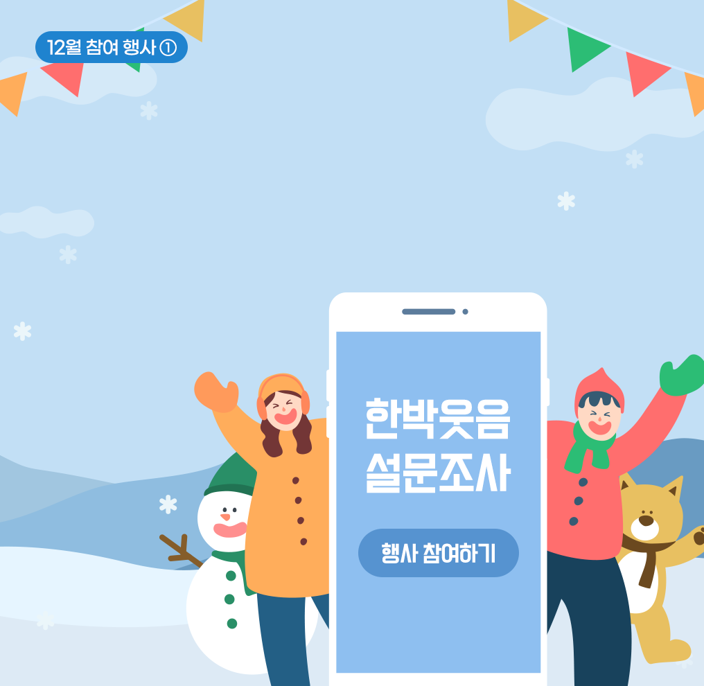 참여 행사① 사진. 하늘색 배경이다. 오른쪽 위에 짙은 파란색 상자가 있고 그 안에 흰색으로 ‘12월 참여 행사①’가 적혀 있다. 화면 중앙에 커다란 스마트폰이 있다. 스마트폰 화면에는 하늘색 배경에 흰색 글씨로 ‘한박웃음 설문조사’라고 적혀 있다. 그 아래에는 파란색 버튼이 있고, 흰색 글씨로 ‘행사 참여하기’라고 적혀 있다. 스마트폰 양옆에는 겨울옷을 입고 있는 사람들과 캐릭터들이 즐겁게 웃고 있다. 왼쪽 여성은 주황색 모자와 코트를 입고 있으며 손을 들고 환하게 웃고 있다. 그 뒤로는 초록색 모자와 목도리를 한 눈사람이 있다. 오른쪽에 있는 남성은 빨간색 모자와 상의를 입고 있고 손을 들며 웃고 있다. 그 뒤에는 목도리를 한 여우가 남성과 똑같이 손을 들고 인사하고 있다.