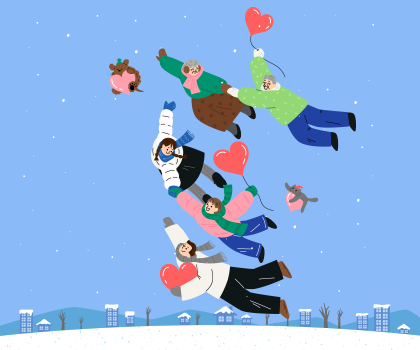 한글 이모저모 사진. 5명의 사람과 강아지, 고양이가 파란 겨울 하늘을 날고 있다. 맨 위에는 분홍색 목도리를 한 할머니와 하트 풍선을 들고 있는 할아버지가 손을 잡고 하늘을 날고 있다. 할머니의 왼쪽 옆에는 분홍색 하트를 든 갈색 강아지가 있다. 그 아래에는 각각 하얀색과 분홍색 패딩을 입고 있는 아이들이 손을 잡고 하늘로 떠오르고 있다. 그 옆에 분홍색 하트를 들고 하늘을 날고 있는 회색 고양이가 있다. 맨 아래에는 회색 목도리를 한 남자가 분홍색 하트를 들고 하늘을 날고 있다.