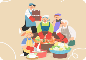 베이지색 배경이다. 머리 두건을 쓰고 앞치마를 입은 다섯 명의 사람이 둘러앉아 김장하고 있다. 가운데에 있는 연두색 옷을 입고 있는 여성은 김치용 대야 안에서 김치를 버무리고 있다. 그의 왼쪽에는 흰머리의 나이 든 여성과 검은색 원피스를 입은 여자아이가 웃고 있다. 사진의 오른쪽에는 파란색 앞치마를 입은 남성이 김장용 통을 들고 있다. 그의 앞에는 노란색 앞치마를 입고 있는 여성이 강판으로 무를 갈고 있다.