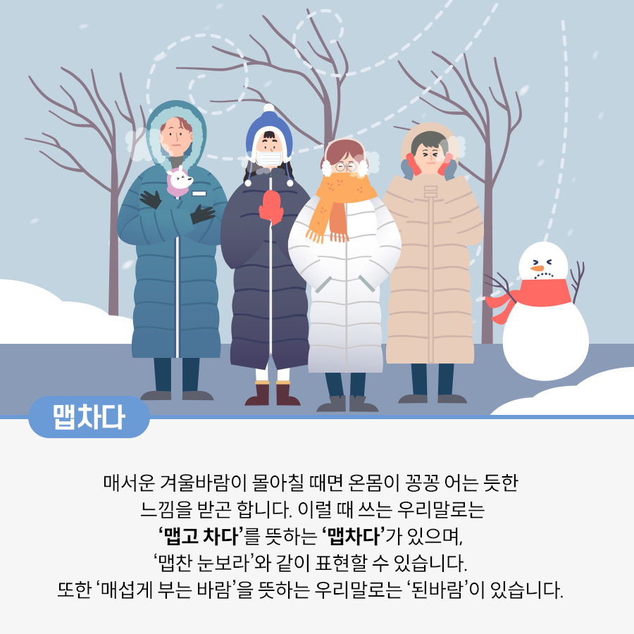 겨울이 배경이고 바닥엔 눈이 쌓여 있다. 앙상한 나무가 뒤에 있고, 바람이 부는 선으로 강한 바람을 시각적으로 표현하고 있다. 중앙에는 네 명의 사람이 각각 다른 색의 롱패딩을 입고 추위에 떨고 있다. 맨 왼쪽에 있는 남자는 파란색 롱패딩을 입고 있고, 보라색 옷을 입은 강아지를 꼭 껴안고 있다. 그 옆에 마스크와 모자를 쓴 여성은 빨간색 장갑을 낀 두 손을 모으고 있다. 주황색 목도리와 하얀색 귀마개를 한 여성은 양손을 패딩 주머니에 넣고 입김을 뿜고 있다. 맨 오른쪽 남성은 베이지색 롱패딩을 입고 있고 핫팩을 양 볼에 갖다 대며 추위를 견디고 있다. 남성 옆에 빨간색 목도리를 한 눈사람이 있다.