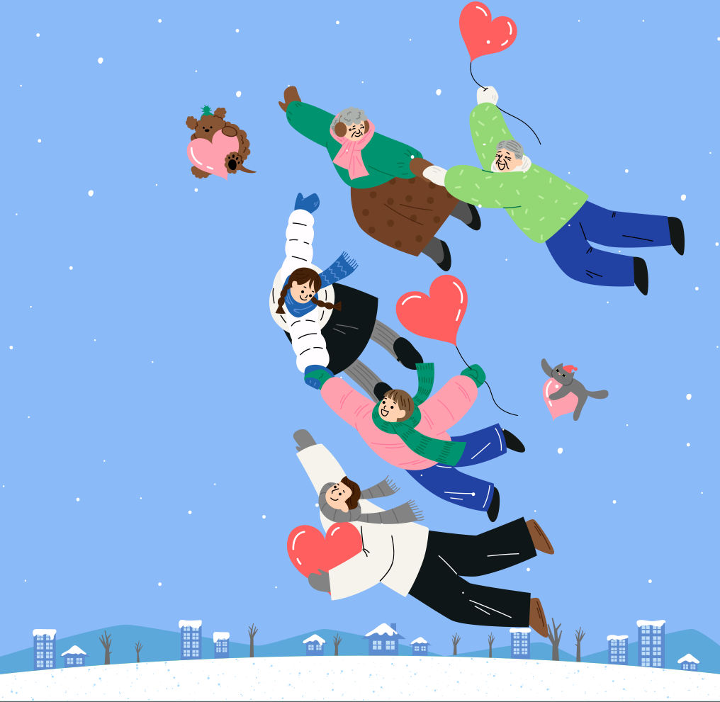 한글 이모저모 사진. 5명의 사람과 강아지, 고양이가 파란 겨울 하늘을 날고 있다. 맨 위에는 분홍색 목도리를 한 할머니와 하트 풍선을 들고 있는 할아버지가 손을 잡고 하늘을 날고 있다. 할머니의 왼쪽 옆에는 분홍색 하트를 든 갈색 강아지가 있다. 그 아래에는 각각 하얀색과 분홍색 패딩을 입고 있는 아이들이 손을 잡고 하늘로 떠오르고 있다. 그 옆에 분홍색 하트를 들고 하늘을 날고 있는 회색 고양이가 있다. 맨 아래에는 회색 목도리를 한 남자가 분홍색 하트를 들고 하늘을 날고 있다.