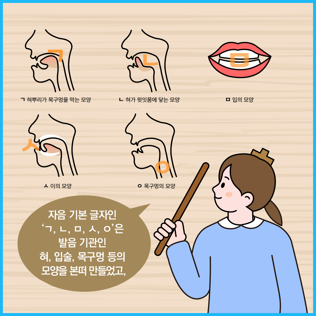 한글 자음자의 창제 원리가 그려진 그림이 있다. ‘한글 씨’는 그림을 바라보면서 “자음 기본 글자인 ‘ㄱ, ㄴ, ㅁ, ㅅ, ㅇ’은 발음 기관인 혀, 입술, 목구멍 등의 모양을 본떠 만들었고”라고 말하고 있다.