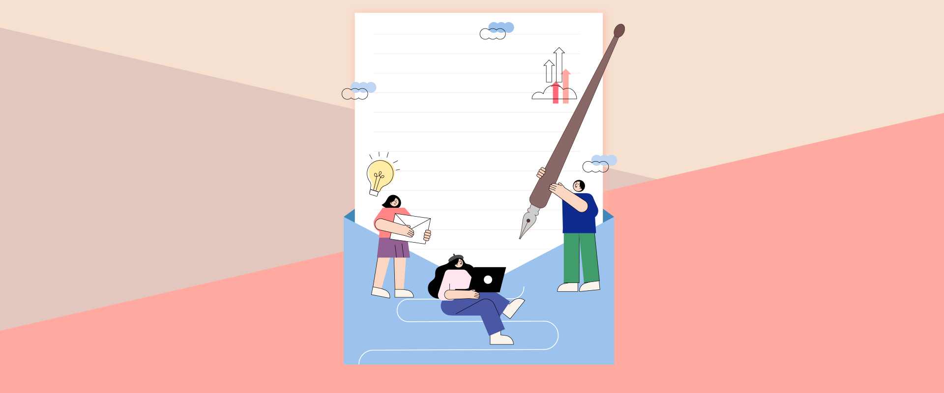 참여 행사② 사진. 커다란 편지지가 있다. 편지지 주변에는 편지 봉투를 들고 있는 여성, 노트북을 바라보고 있는 여성, 커다란 만년필을 들고 서 있는 남성이 서 있다. 편지지에는 구름과 전구 등의 일러스트가 그려져 있다.