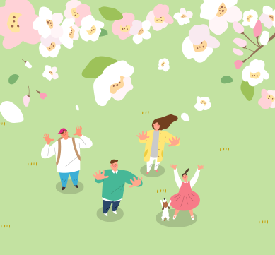 우리말 캐내기 사진. 연두색 잔디밭이 있고, 벚꽃이 흩날리고 있다. 잔디밭에는 흰 상의와 빨간 모자를 쓴 남성과 초록색 옷을 입은 남성 그리고 노란색 카디건을 입은 여성과 분홍색 원피스를 입은 여자아이가 있다. 여자아이 옆에는 강아지가 서 있다. 네 명 모두 양팔을 벌리고 위를 바라보며 흩날리는 벚꽃잎을 바라보고 있다. 