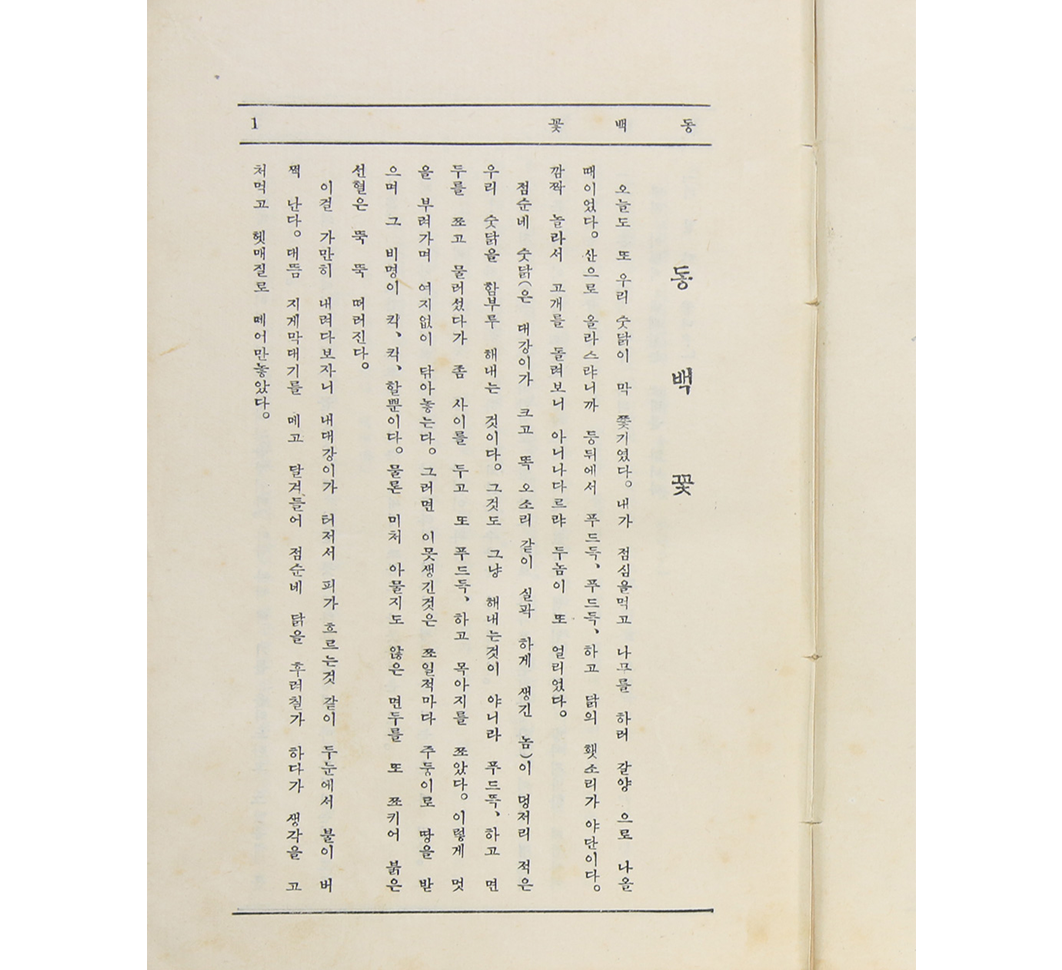 삼문사서점 발행 '동백꽃' 초판본 사진이다. 동백꽃 본문이 세로로 적혀 있다.