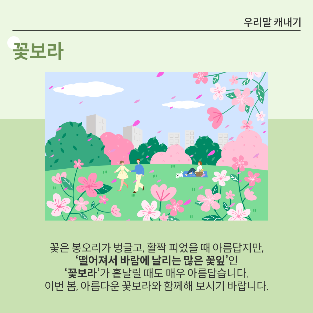분홍색 벚꽃잎들이 공중에 흩날리고 있고, 초록색 잔디밭에는 커플 한 쌍이 손을 잡고 산책하고 있다. 그 뒤쪽에는 돗자리를 펴고 산책을 즐기는 사람이 있다. 공원 너머에는 회색빛 고층 건물이 서 있다.