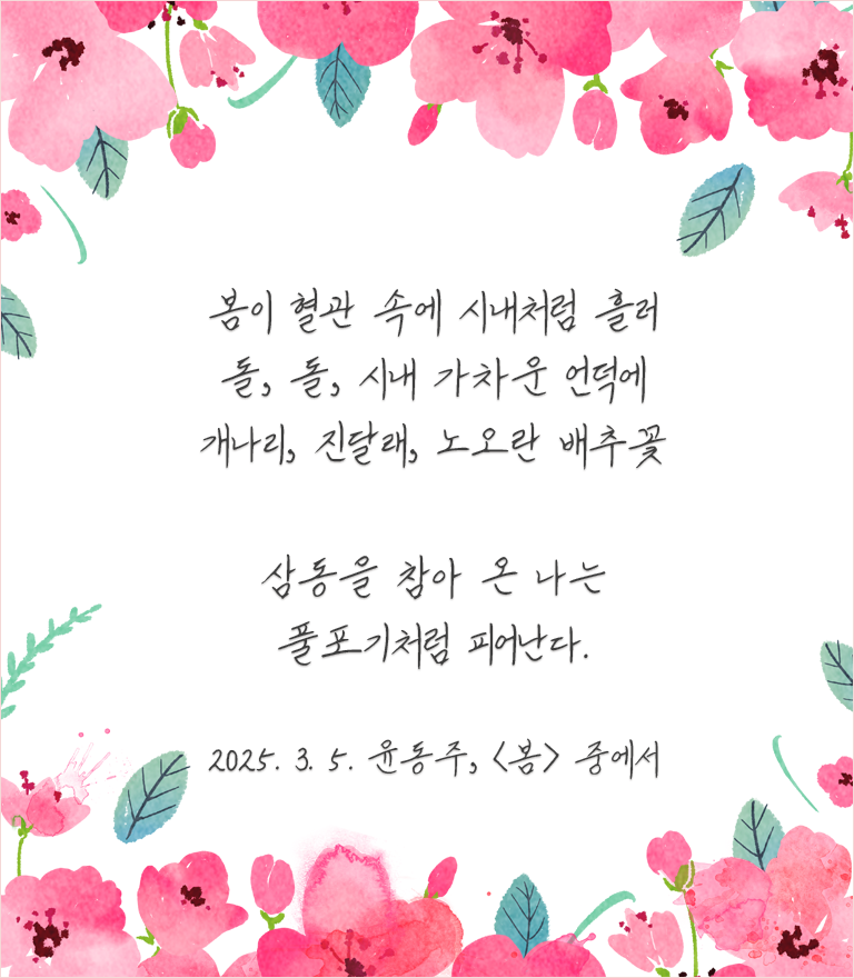 화사한 분홍색 꽃이 상단과 하단에 장식되어 있고, 가운데에는 윤동주의 시 ‘봄’에서 발췌한 구절이 쓰여 있다. ‘봄이 혈관 속에 시내처럼 흘러 / 돌, 돌 시내 가차운 언덕에 / 개나리, 진달래, 노오란 배추꽃 / 삼동을 참아 온 나는 / 풀포기처럼 피어난다.’