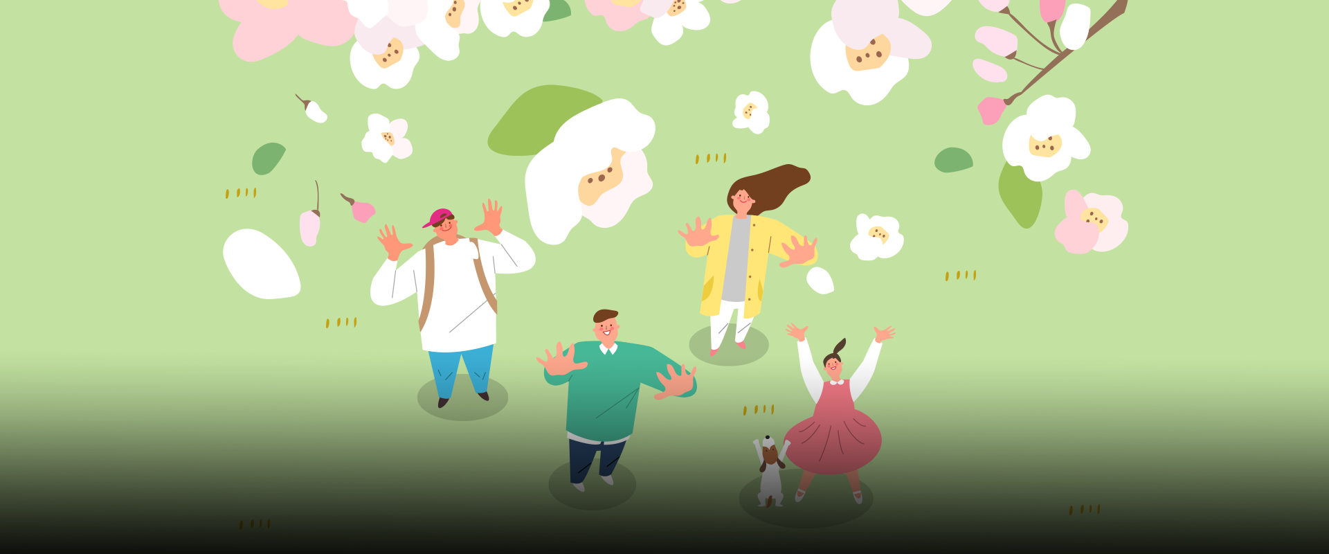 우리말 캐내기 사진. 연두색 잔디밭이 있고, 벚꽃이 흩날리고 있다. 잔디밭에는 흰 상의와 빨간 모자를 쓴 남성과 초록색 옷을 입은 남성 그리고 노란색 카디건을 입은 여성과 분홍색 원피스를 입은 여자아이가 있다. 여자아이 옆에는 강아지가 서 있다. 네 명 모두 양팔을 벌리고 위를 바라보며 흩날리는 벚꽃잎을 바라보고 있다.