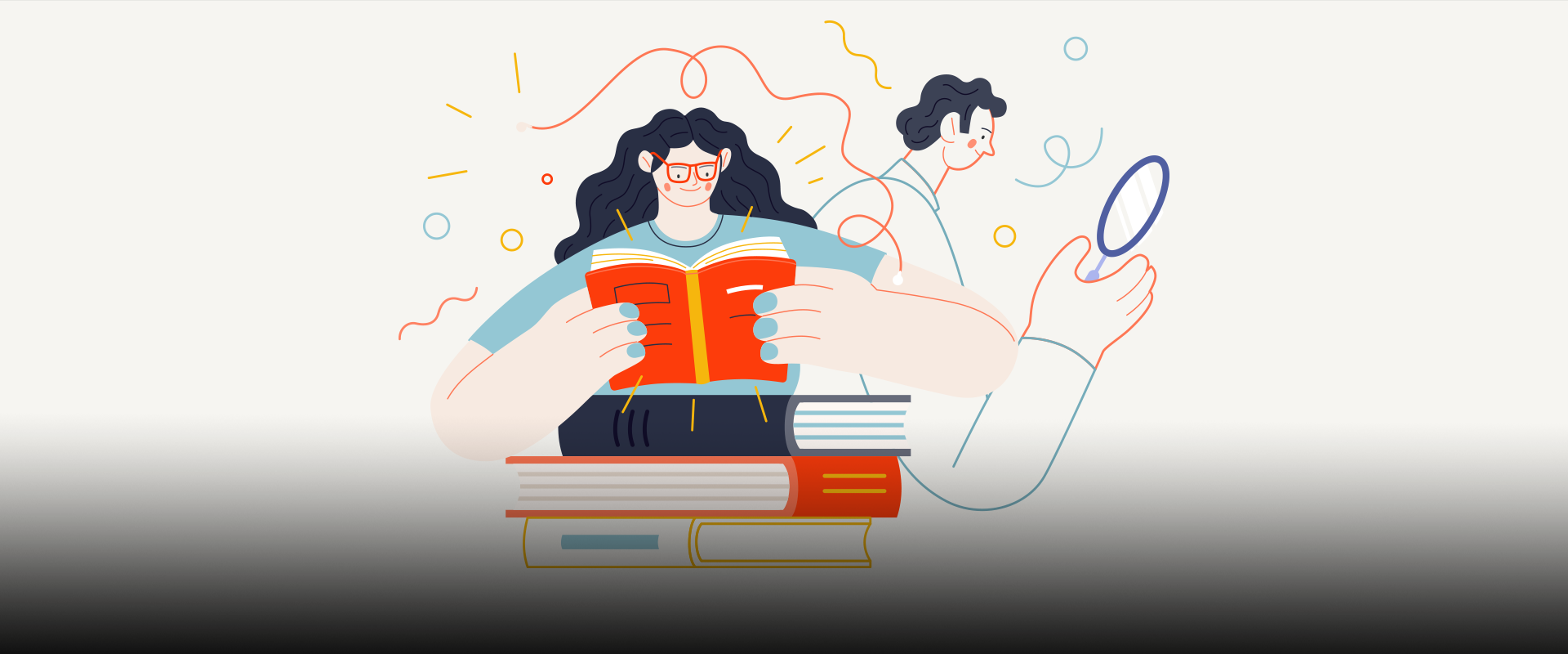 참여 행사① 사진. 연한 회색 배경이다. 빨간색 안경을 쓴 여자가 책을 보고 있다. 그 옆에는 돋보기를 든 남성의 옆모습이 보인다. 책을 읽고 있는 여자의 앞에는 여러 권의 책이 쌓여있다.