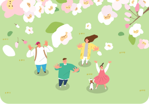 연두색 잔디밭이 있고, 벚꽃이 흩날리고 있다. 잔디밭에는 흰 상의와 빨간 모자를 쓴 남성과 초록색 옷을 입은 남성 그리고 노란색 카디건을 입은 여성과 분홍색 원피스를 입은 여자아이가 있다. 여자아이 옆에는 강아지가 서 있다. 네 명 모두 양팔을 벌리고 위를 바라보며 흩날리는 벚꽃잎을 바라보고 있다.