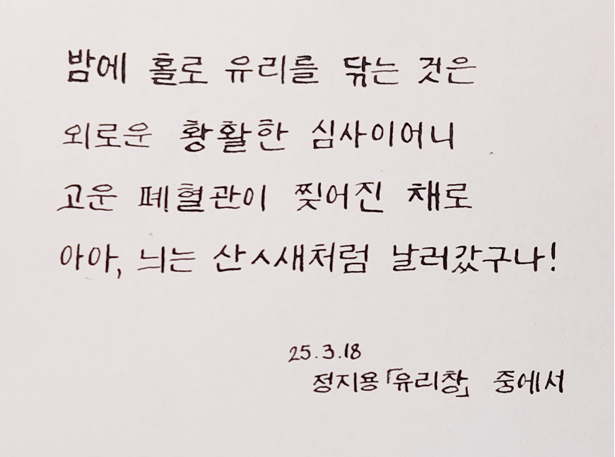 3월 ‘한 글 쓰기’ 참여작 사진이다. 종이에 검은색 펜으로 글귀가 적혀있다. 밤에 홀로 유리를 닦는 것은 외로운 황활한 심사이어니 고운 폐혈관이 찢어진 채로 아아, 늬는 산ㅅ새처럼 날러갔구나! 25.3.18 정지용 ‘유리창’ 중에서.