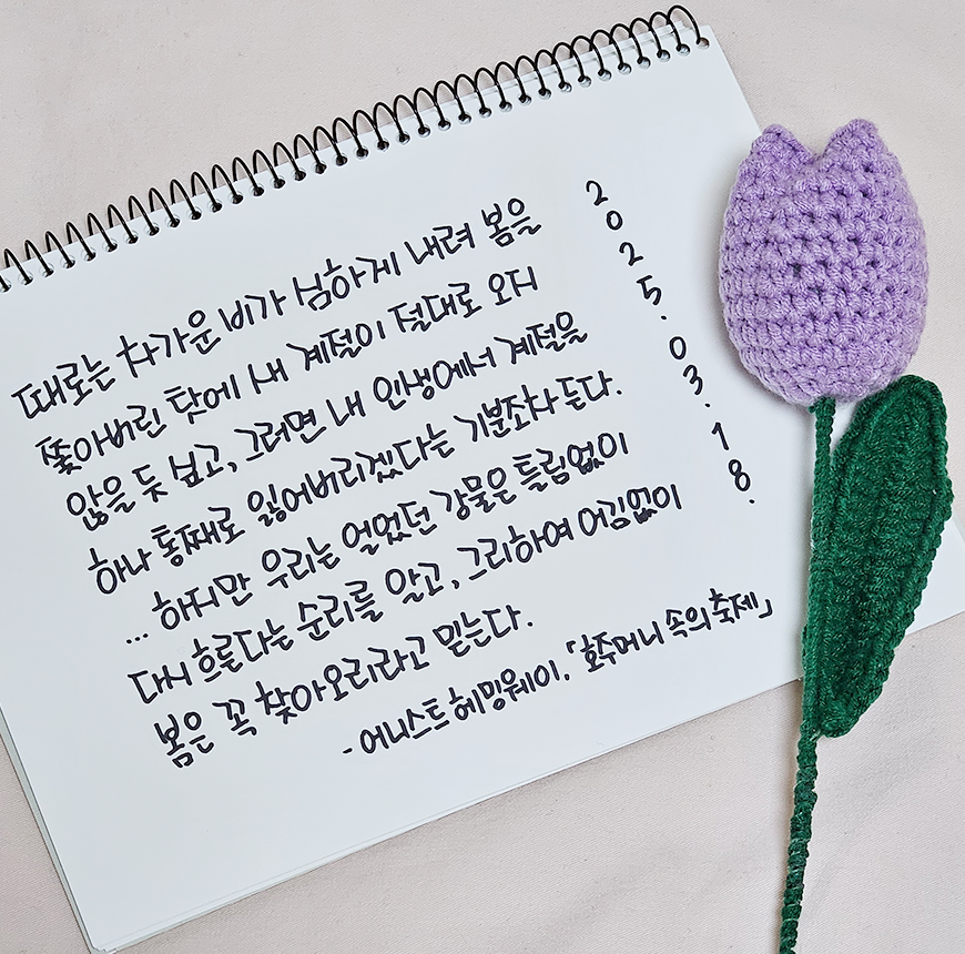 3월 ‘한 글 쓰기’ 참여작 사진이다. 하얀 종이에 손 글씨로 쓰인 글귀가 있으며, 종이 옆에 뜨개로 만든 보라색 튤립이 있다. 때로는 차가운 비가 심하게 내려 봄을 쫓아버린 탓에 새 계절이 절대로 오지 않을 듯 피고, 그러면 내 인생에서 계절을 하나 통째로 잃어버리겠다는 기분조차 든다. 하지만 우리는 얼었던 강물은 틀림없이 다시 흐른다는 순리를 알고, 그리하여 아낌없이 봄은 꼭 찾아오리라고 믿는다. 어니스트 헤밍웨이 ‘호주머니 속의 축제’
