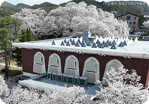 벚꽃이 만개한 충청남도역사박물관 전경 사진이다. 붉은 벽돌과 흰색 창틀이 조화를 이루는 건물이 중앙에 자리 잡고 있다. 옥상 위에는 독특한 삼각형 구조물이 일정한 간격으로 배치되어 있다. 박물관 주변에는 벚꽃이 만개한 나무들로 가득 차 있다. 왼쪽 하단에는 하늘색 박스 안에 ‘박물관은 지금’ 문구가 적혀있다. 하단에는 기사의 제목 ‘나들이하기 참 좋은 계절, 국립한글박물관 4월의 전시와 함께해 보세요’가 적혀있다.