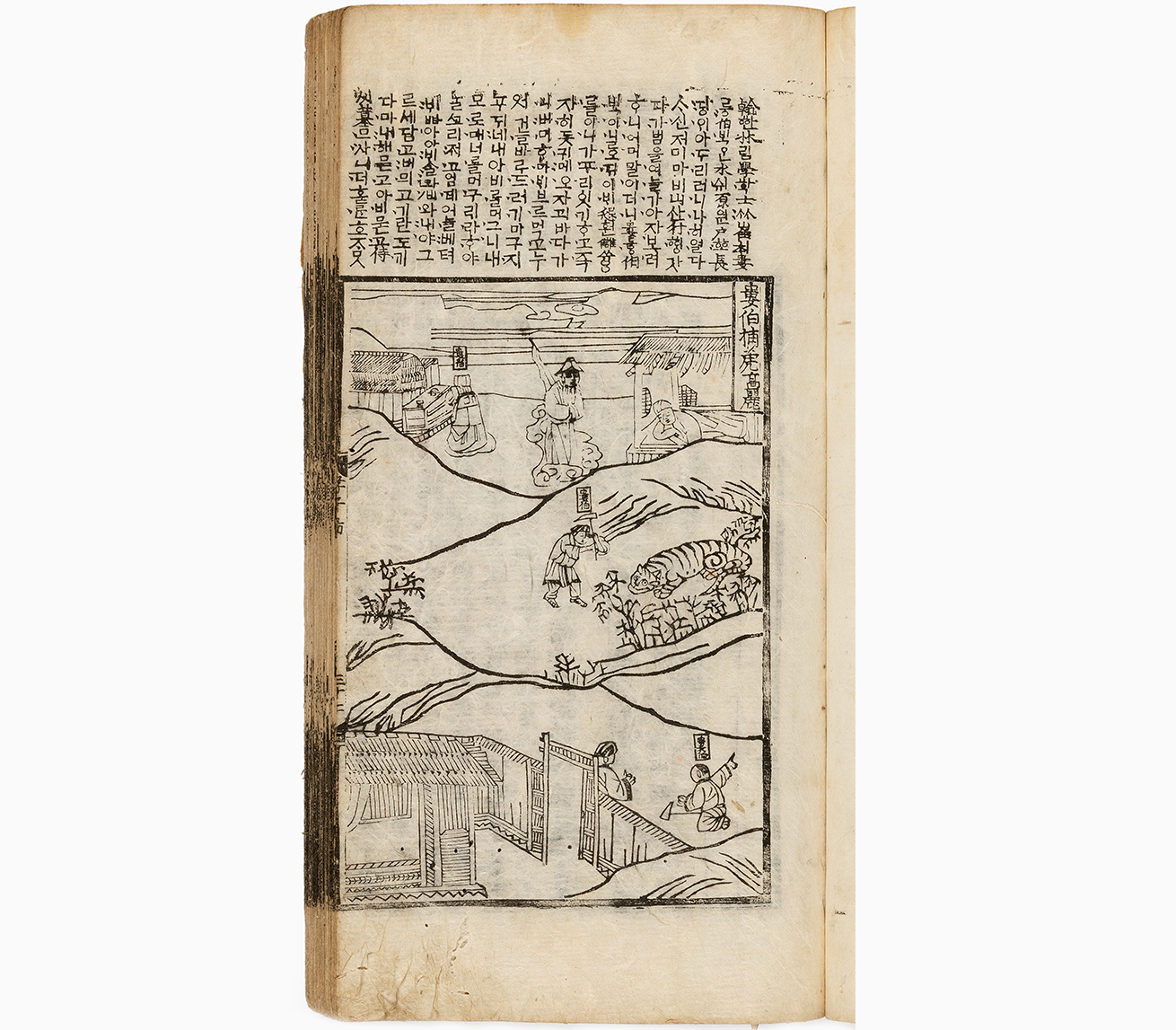 삼강행실도언해 중 ‘누백포호’ 한글 번역문과 그림 사진이다. 맨 상단에는 한글 번역문이 적혀 있으며, 중앙에는 그림 삽화가 있다. 그림의 맨 위에는 호랑이를 잡으러 가려는 최루백의 모습, 그 위로 최루백 앞에 호랑이가 엎드려 있는 장면, 가장 위쪽의 오른편에는 아버지가 꿈에 나타나는 장면 등이 차례대로 묘사되어 있다.