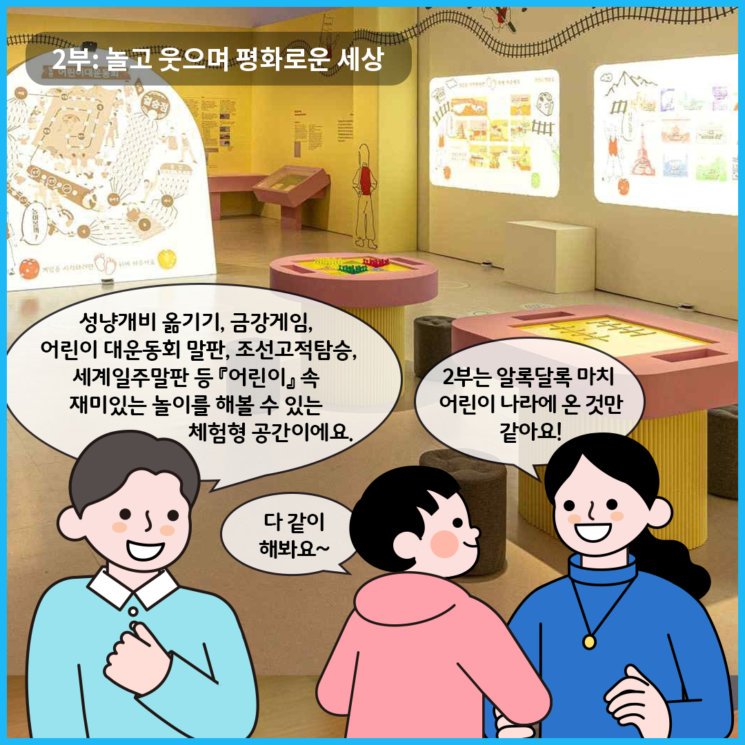 ‘어린이 나라’ 전시의 ‘2부:놀고 웃으며 평화로운 세상’이다. 전시실 안은 밝은 노란색과 연한 분홍색 계열로 꾸며져 있다. 낮은 원형 테이블과 사각 테이블이 배치되어 있으며, 위에는 아이들이 직접 가지고 놀 수 있는 놀이 도구가 놓여있다. 엄마는 “2부는 알록달록 마치 어린이 나라에 온 것만 같아요!”라고 말하고 있다. 옆에 남자아이는 “다 같이 해봐요~”라고 말하며 미소 짓고 있다. 큐레이터는 “성냥개비 옮기기, 금강게임, 어린이 대운동회 말판, 조선고적탑승, 세계일주말판 등 『어린이』 속 재미있는 놀이를 해볼 수 있는 체험형 공간이에요.”라고 설명하고 있다.