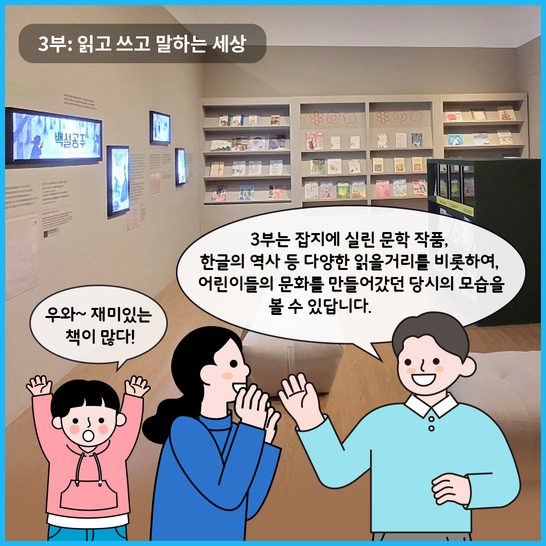 ‘어린이 나라’ 전시의 ‘3부:읽고 쓰고 말하는 세상’이다. 연한 베이지색 책장이 벽에 붙어있으며, 그 안에 다양한 책이 전시되어 있다. 큐레이터는 “3부는 잡지에 실린 문학 작품, 한글의 역사 등 다양한 읽을거리를 비롯하여, 어린이들의 문화를 만들어갔던 당시의 모습을 볼 수 있답니다”’라고 말하고 있다. 그 옆에 엄마가 두 손을 들고 있고 감탄하고 있고, 남자아이는 만세 포즈를 취하며 “우와~ 재미있는 책이 많다!”라고 이야기하고 있다.