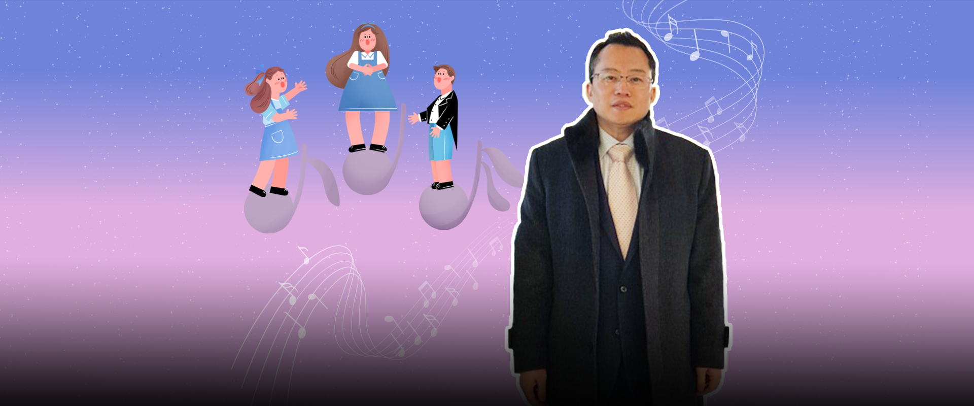 반갑습니다 사진. 보라색과 분홍색이 그라데이션 되어 있는 배경 위로 왼쪽에 세 개의 큰 음표가 떠 있다. 각각의 음표 위에 노래를 부르고 있는 아이가 그려져 있다. 가운데에는 검은색 코트를 입은 이강산 작곡가 사진이 삽입되어 있다. 이강산 작곡가는 무테안경을 썼고 정면을 바라보며 살짝 미소 짓고 있다. 작곡가 뒤로는 흰색 선으로 그려진 오선지와 음표가 그려져 있다. 왼쪽 하단에는 주황색 박스 안에 ‘반갑습니다’ 문구가 적혀있다. 그 아래에는 기사의 제목 ‘악보 속 선율로 동심을 노래하다 이강산 작곡가’가 쓰여있다.