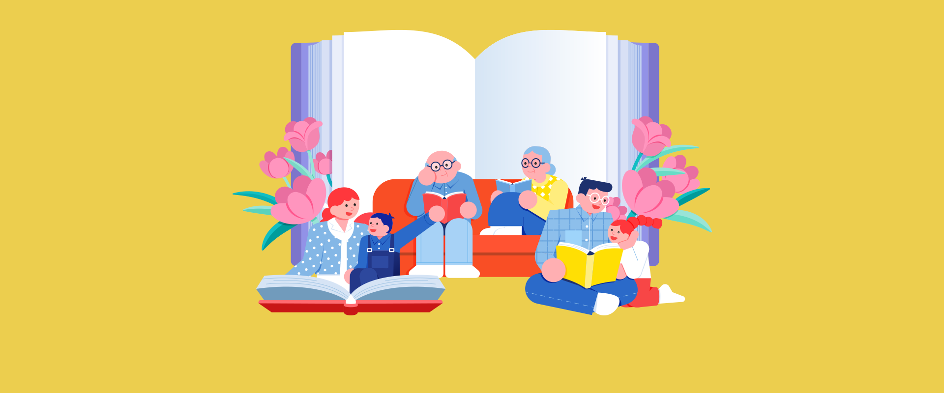 참여 행사① 사진. 노란색 배경이다. 왼쪽 하단에는 연두색 말풍선이 있고, 그 안에 ‘참여 행사①’라고 적혀있다. 아래에는 ‘소식지 읽고, 정답 맞히기’라고 적혀있다. 중앙에는 일러스트가 그려져 있다. 책이 펼쳐져 있고, 책 주위에는 분홍색 꽃이 놓여있다. 책 바로 앞에는 쇼파가 놓여있고, 그 위에 안경을 쓴 노부부가 앉아서 책을 보고 있다. 오른쪽에는 흰색 안경을 쓴 남자가 노란색 책을 들고 있고, 그 옆에 주황색 머리를 한 여자아이가 책을 들여다보고 있다. 왼쪽에는 펼쳐진 책을 보고 있는 주황색 머리의 성인 여성과 멜빵을 입은 남자아이가 있다.