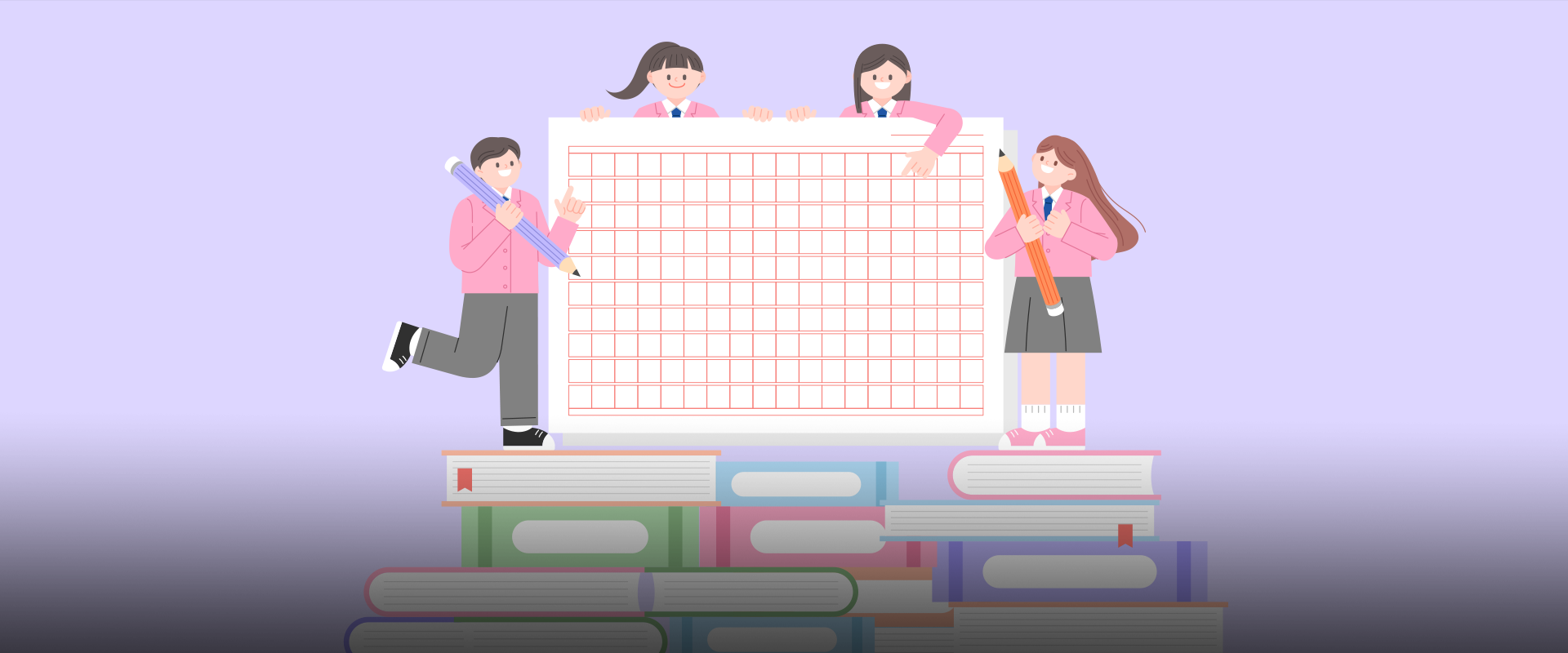 참여 행사② 사진. 보라색 배경이다. 왼쪽 하단에는 연두색 말풍선이 있고, 그 안에 ‘참여 행사②’라고 적혀있다. 아래에는 ‘한 달에 한 번 한 글 쓰기’라고 적혀있다. 중앙에는 원고지가 크게 그려져 있고, 그 주변에 분홍색 교복을 입은 학생 네 명이 있다. 맨 왼쪽 남자 학생은 연필을 들고 서 있으며, 원고지 위쪽에는 두 명의 여학생이 웃고 있다. 오른쪽에는 주황색 연필을 든 여학생이 서 있다. 이들은 높게 쌓인 책을 밟고 서 있다.