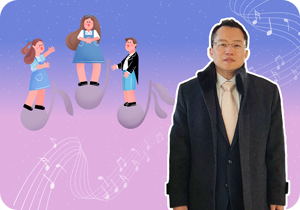 보라색과 분홍색이 그라데이션 되어 있는 배경 위로 왼쪽에 세 개의 큰 음표가 떠 있다. 각각의 음표 위에 노래를 부르고 있는 아이가 그려져 있다. 가운데에는 검은색 코트를 입은 이강산 작곡가 사진이 삽입되어 있다. 이강산 작곡가는 무테안경을 썼고 정면을 바라보며 살짝 미소 짓고 있다. 작곡가 뒤로는 흰색 선으로 그려진 오선지와 음표가 그려져 있다. 왼쪽 하단에는 주황색 박스 안에 ‘반갑습니다’ 문구가 적혀있다. 그 아래에는 기사의 제목 ‘악보 속 선율로 동심을 노래하다 이강산 작곡가’가 쓰여있다.