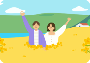 제주도 자연을 배경으로 한 일러스트 그림이다. 가운데에는 두 명의 사람이 각각 오른팔과 왼팔을 높이 들고 서 있다. 왼쪽 남자는 보라색 긴 겉옷에 하얀색 줄무늬 티셔츠를 입고 있으며, 오른쪽 여자는 하얀색 블라우스를 입고 있다. 이들 앞에는 노란색 유채꽃밭이 펼쳐져 있으며, 배경으로는 푸른 들판과 맑은 하늘이 있다. 좌우 상단 구석에는 귤나무 가지가 있고, 가지에는 주황색 귤들이 주렁주렁 달려있다. 왼쪽 하단에는 주황색 박스 안에 ‘한글 이모저모’ 문구가 적혀있다. 그 아래에는 기사의 제목 ‘제주방언에 폭싹 빠졌수다! 알면 알수록 재미있는 제주방언 살펴보기’가 쓰여있다.