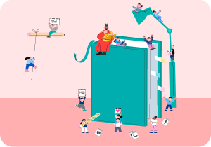 연한 분홍색 배경이다. 사진 왼쪽에는 두꺼운 초록색 책이 서 있고, 책 위에는 세종대왕으로 보이는 인물과 아이들이 앉아 있다. 책 오른쪽에는 초록색 스탠드 조명이 있으며, 조명 위에도 아이들이 올라가 있다. 책 주위에도 여러 명의 아이가 있는데, ‘한글’글자가 적힌 종이나 하트를 그린 종이를 들고 있다. 한 아이는 커다란 연필을 들고 있다. 왼쪽 하단에는 주황색 박스 안에 ‘우리말 캐내기’ 문구가 적혀있다. 그 아래에는 기사의 제목 ‘어린이날 맞이, 어린이와 관련된 순우리말 캐내기!’가 쓰여있다.