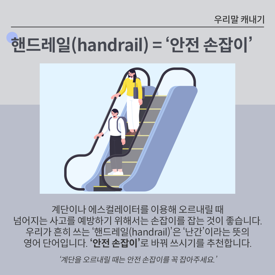 중앙에 에스컬레이터를 타고 내려오는 사람이 그려진 일러스트가 그려져 있다. 하단에는 ’계단이나 에스컬레이터를 이용해 오르내릴 때 넘어지는 사고를 예방하기 위해서는 손잡이를 잡는 것이 좋습니다. 우리가 흔히 쓰는 ‘핸드레일(handrail)’은 ‘난간’이라는 뜻의 영어 단어입니다. ‘안전 손잡이’로 바꿔 쓰시기를 추천합니다.‘라는 문구가 적혀있다.