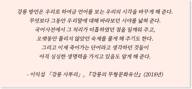 분홍색 박스에 이익섭 교수의 ‘강릉의 무형문화유산’에 실린 ‘강릉 사투리’의 한 대목이 인용되어 적혀있다. 강릉 방언은 우리로 하여금 언어를 보는 우리의 시각을 바꾸게 해 준다. 무엇보다 그동안 우리말에 대해 바라보던 시야를 넓혀 준다. 국어사전에서 그 처리가 미흡하였던 점을 일깨워 주고, 오랫동안 풀리지 않았던 숙제를 풀게 해 주기도 한다. 그리고 이제 죽어가는 단어라고 생각하던 것들이 아직 싱싱한 생명력을 가지고 있음을 알게 해 준다.