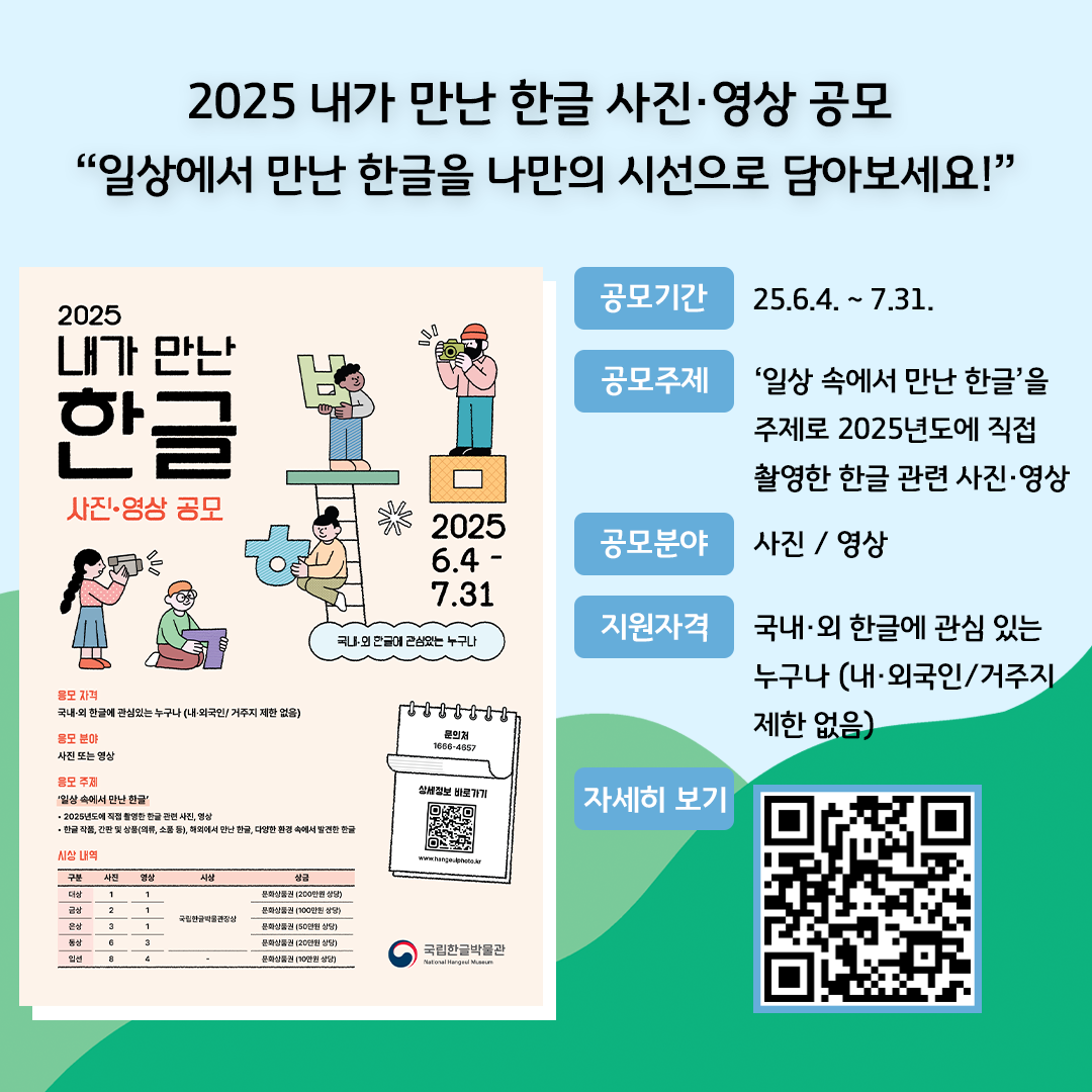 ‘2025 내가 만난 한글 사진·영상 공모’를 소개하는 홍보 카드뉴스이다. 밝은 파란색과 하늘색을 배경으로, 왼쪽에는 공모전 포스터 이미지가, 오른쪽에는 주요 공모 요약 정보와 QR코드가 배치되어 있다. 공모기간: 25.6.4. ~ 7.31. / 공모주제: ‘일상 속에서 만난 한글’을 주제로 2025년도에 직접 촬영한 한글 관련 사진·영상 /공모분야: 사진, 영상 / 지원자격: 국내·외 한글에 관심 있는 누구나 (내·외국인/거주지 제한 없음)